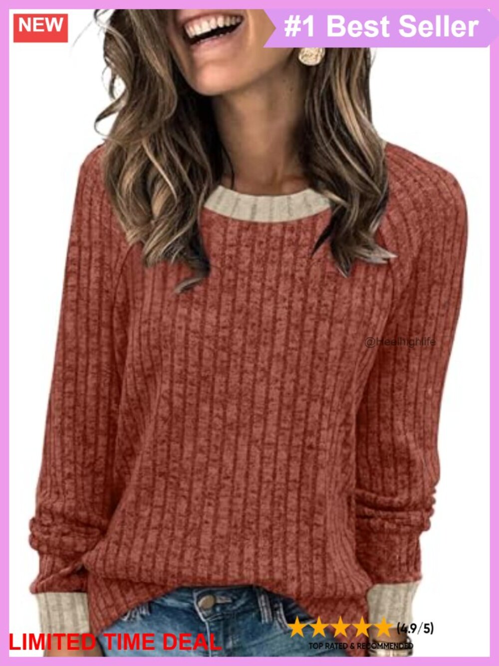 Womens Long Sleeve Tunic Sweater Lightweight Color Block Soft Pullover